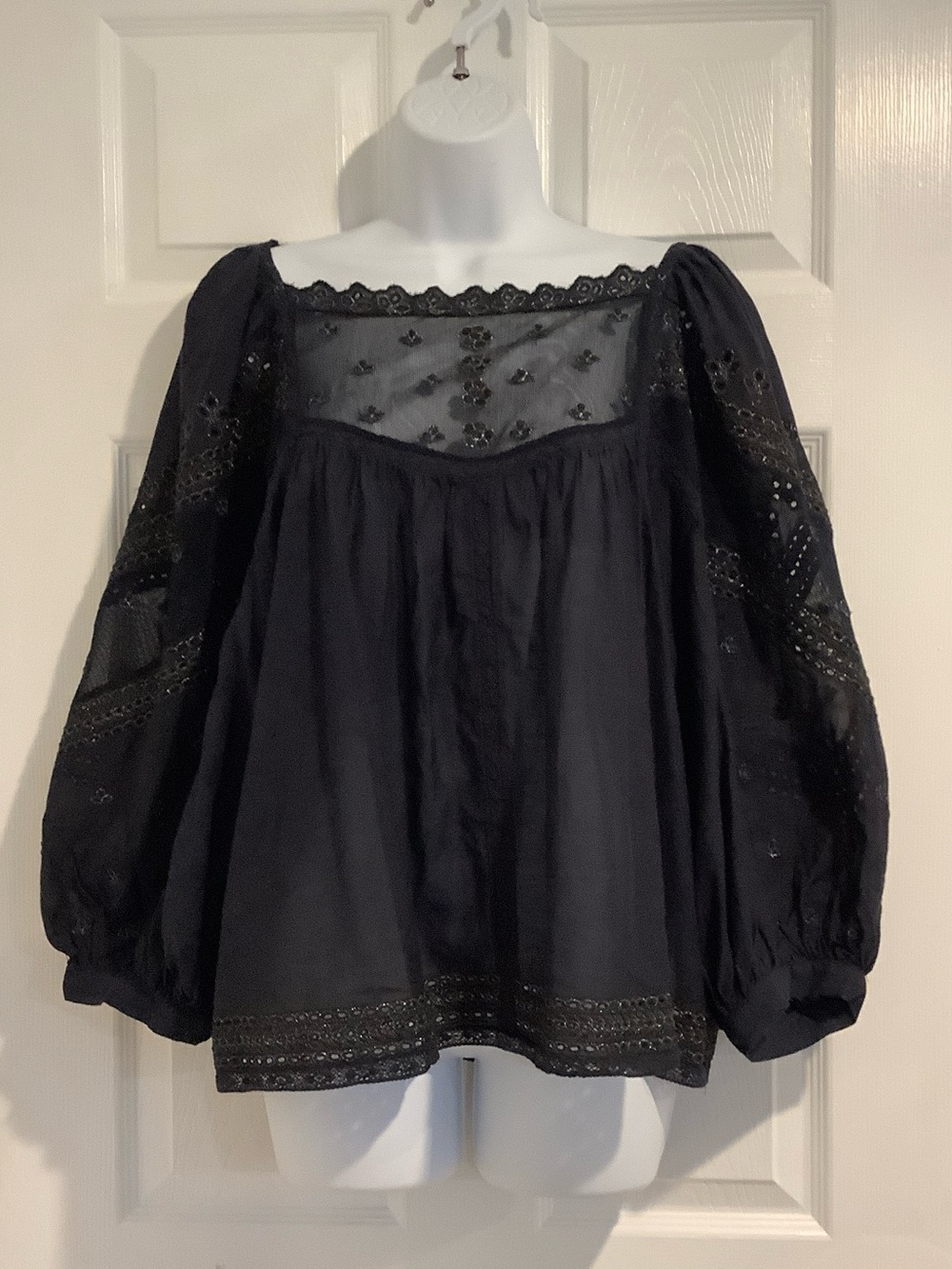 ANTHROPOLOGIE Navy Blue Boho Chic Shimmery Lace Puff Sleeves Fall Top L